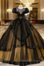 Black Tulle Puff Sleeve Appliques Beading Quinceanera Dress