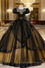 Black Tulle Puff Sleeve Appliques Beading Quinceanera Dress