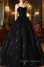 Black Tulle Sequins Long Prom Dress, Black Spaghetti Straps Evening Dress