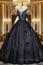 Black Tulle Sequins V-neck Appliques Quinceanera Dress