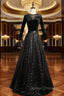 Black Tulle Sequins Velvet Short Sleeve Prom Dress