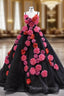 Black Tulle Spaghetti Straps 3D Appliques Prom Dress