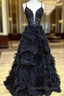 Black Tulle Spaghetti Straps Tiers Prom Dress