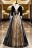 Black Tulle Velvet Short Sleeve Sequins Prom Dress