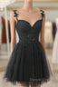Black V Neck Beaded Tulle And Lace Prom Dress, Cute Black Homecoming Dress