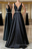Black V Neck Beading Satin Prom Dress