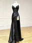 Black V Neck Lace Satin Long Prom Dress, Black Formal Evening Dress