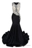 Black V-Neck Sheer Corset Prom Dresses Beaded Mermaid Long Train Evening Gowns