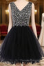 Black V-neck Tulle Beading Crystal Short Homecoming Dress