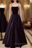 Black Velvet Long Prom Dress with Pearls, Black Spaghetti Straps Evening Party Dress