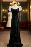 Black Velvet Puff Sleeve Pleats Prom Dress With Split