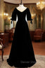 Black Velvet Short Sleeve Beading Prom Dress