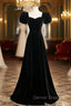 Black Velvet Short Sleeves Floor Length Long Prom Dress, Black Velvet Long Formal Evening Dress