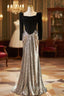 Black Velvet Silver Sequins Long Sleeve Prom Dress