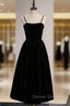 Black Velvet Spagehtti Straps Pearls Prom Dress