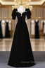 Black Velvet Square Neck Short Sleeve Beading Prom Dress