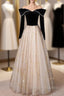 Black Velvet Tulle Off the Shoulder Pearls Prom Dress