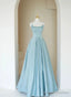 Blue A-Line Satin Beaded Long Prom Dress, Blue Evening Dress Formal Dress
