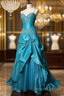 Blue A-Line Spaghetti Straps Satin Beaded Long Prom Dress Sweetheart Neck Applique Graduation Prom Dress