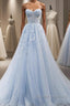 Blue A line tulle lace long prom Dress blue lace formal Dress