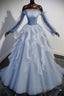 Blue A-Line Tulle Lace Long Prom Dress, Blue Formal Evening Dress
