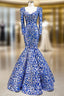 Blue And Silver Sequins Mermaid Long Sleeve Square Prom Dress