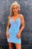 Blue Backless Spaghetti Straps Tight Short Homecoming Dress