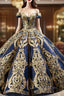 Blue Ball Gown Gold Sequins Off the Shoulder Deep V-neck Prom Dress
