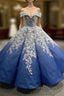 Blue Ball Gown Off the Shouler Appliques Prom Dress