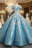 Blue Ball Gown Sequins Off The Shoulder Appliques Wedding Dress