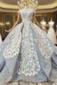 Blue Ball Gown Tulle Lace Appliques Cap Sleeve Luxury Wedding Dress With Beading