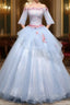 Blue Ball Gown Tulle Lace Short Sleeve Lace Quinceanera Dress