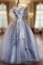 Blue Ball Gown Tulle Sequins Off the Shoulder Beading Prom Dress