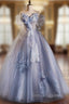 Blue Ball Gown Tulle Sequins Off the Shoulder Beading Prom Dress