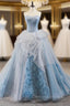 Blue Ball Gown Tulle Sweetheart Sleevelss Princess Prom Dress With Train