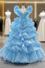 Blue Ball Gown Tulle Tiers See Through V-neck Prom Dress