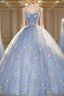 Blue Ball Gown with Scattered Little Flower Prom Dress