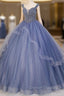 Blue Beaded Tulle Long A-Line Prom Dress, Blue Formal Dress