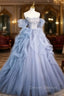 Blue Cascading Ruffles Long Prom Dress, A-Line Strapless Short Sleeve Sweep Train Evening Dress