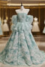 Blue Floral A-Line Strapless Organza Long Prom Dress Graduation Prom Dress