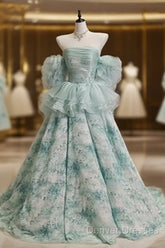 Blue Floral A-Line Strapless Organza Long Prom Dress Graduation Prom Dress
