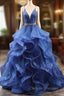 Blue Glitter Tulle Long A-Line Prom Dress, V-Neck Spaghetti Strap Backless Evening Party Dress