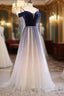 Blue Gradient Tulle Long Party Dress,A-line Off Shoulder Formal Dress