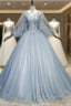 Blue Gray Tulle Flaying Sleeve Appliques Quinceanera Dress