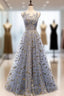 Blue Gray Tulle Gold Feather Strapless Prom Dress