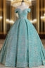 Blue Green Velvet Sequin Long Prom Dress, Velvet Formal Dress