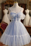 Blue Lace Short A-Line Prom Dress, Blue Spaghetti Straps Homecoming Party Dress