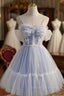 Blue Lace Short A-Line Prom Dress, Blue Spaghetti Straps Homecoming Party Dress