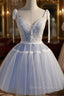 Blue Lace Short A-Line Prom Dress, Cute V-Neck Homecoming Party Dress