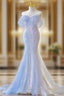 Blue Laser Sequin Beaded Mermaid Women Evening Dress with Puff Sleeves Tassel Pearls Tulle Train Prom Gown